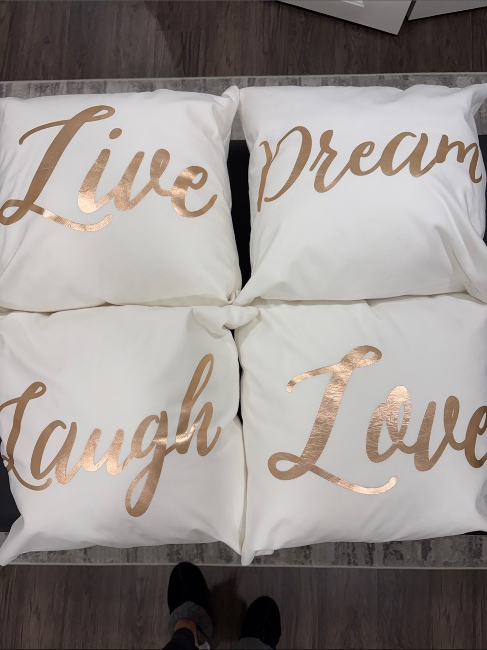 4- Live Dream Laugh Love Decorative Throw Pillows - White with Rose Gold Script